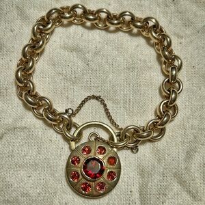 1930s Art Deco 9K Solid Gold Round Link Chain Bracelet w Lg Garnet Clasp 28.7g!!